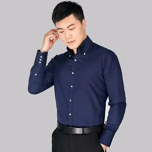 Men's Dress Shirt Autumn Spring Long Sleeve Business Blue Casual Shirts Female Coat Slim-fit Non-ironing Solid Color Black