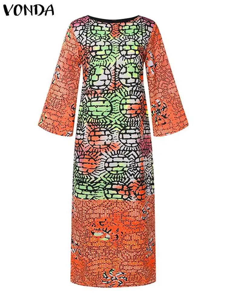VONDA Women Dresses Bohemian Printed Long Flare Sleeve Vestidos 2024 Causal Sundress Robe Round Neck Loose Robe Oversized