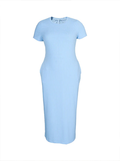 Plus Size 2024 Summer New Round Neck Short Sleeve Slim Hottie  Ladies' Stylish Summer Solid Versatile Bodycon Dress