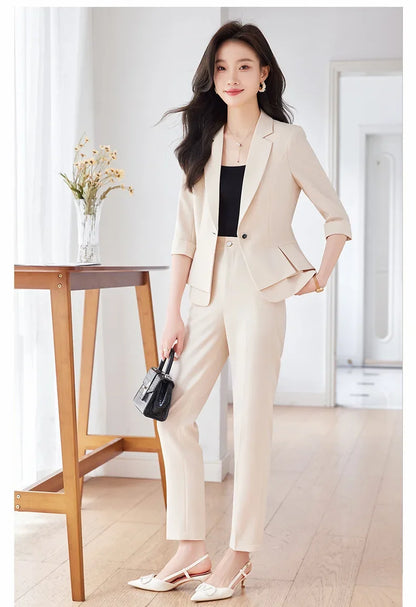 2024 Summer New Women's Petite Casual Seven-Half Sleeve Professional Workwear Purple Thin Suit Jacket Pants Set