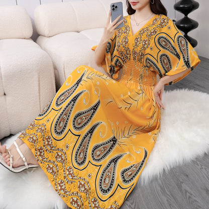 Spring New In Women's Dress V-Neck Short Sleeve Dress Elegant Sweet Print Dress Casual Retro Boho Elastic Waist A-Line Dress