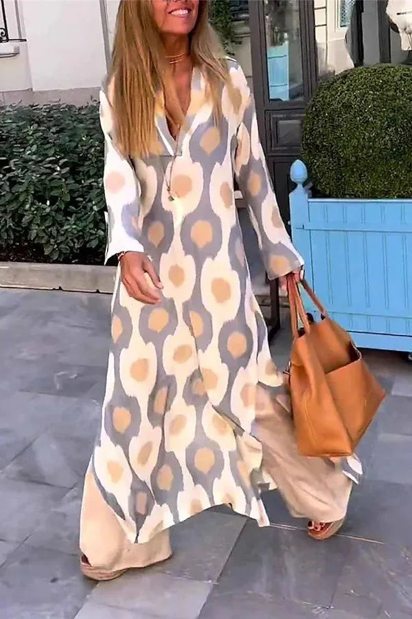 Spring Autumn Casual V Neck Long Sleeve Dress Women Fashion Geometric Printing Split Maxi Dresses Holiday Beach Boho Dress 2024