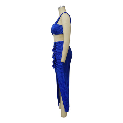 Summer Dresses for Women Two Pieces Set Sexy Backless Halter Top and High Waist Side Slit Pleated Skirt Matching Lady Streetwear