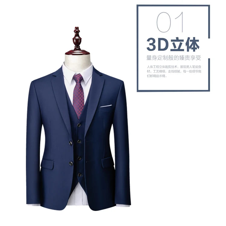 3 Pcs Suits Set Blazers Jacket Pants Vest / 2023 Fashion New Men Casual Boutique Business Slim Dress Formal Coat Trousers