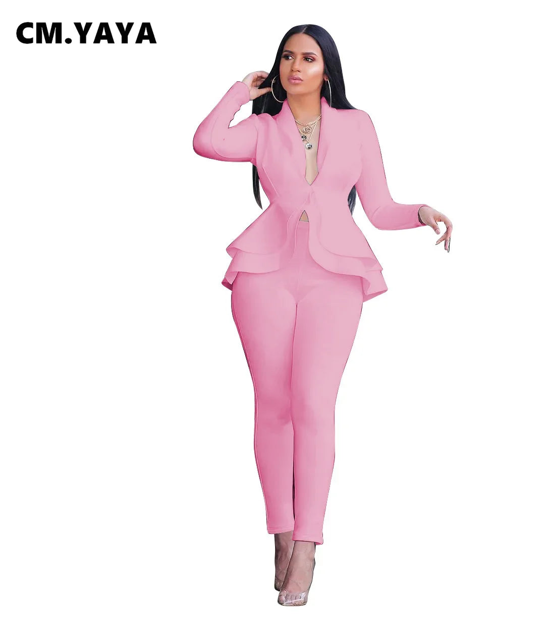 Women Winter Women's Set Full Sleeve Ruffles Blazer & Pencil Pants Suit (2pc Set)