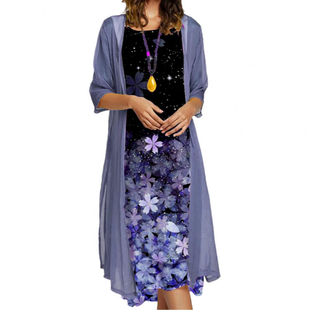 Female 1 Set Stylish Vintage Round Neck Dress Two-Piece Ladies Dress Set Floral Print   for Party
