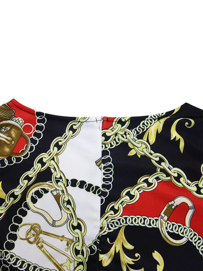 Women's 2024 Autumn New Style Fashionable Elegant Temperament Fashionable Printed Strap Waist Large Skirt Large Size Dress