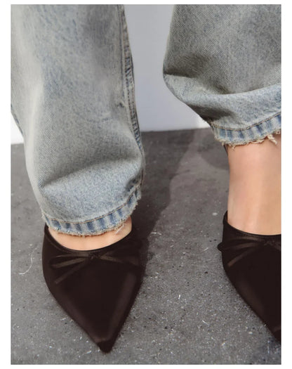 Bow High Heels Slippers Women Pointed Toe Mules Shoes Sexy 2025 Summer Dress Party Stilettos Sandals Woman Slides Trend Pumps
