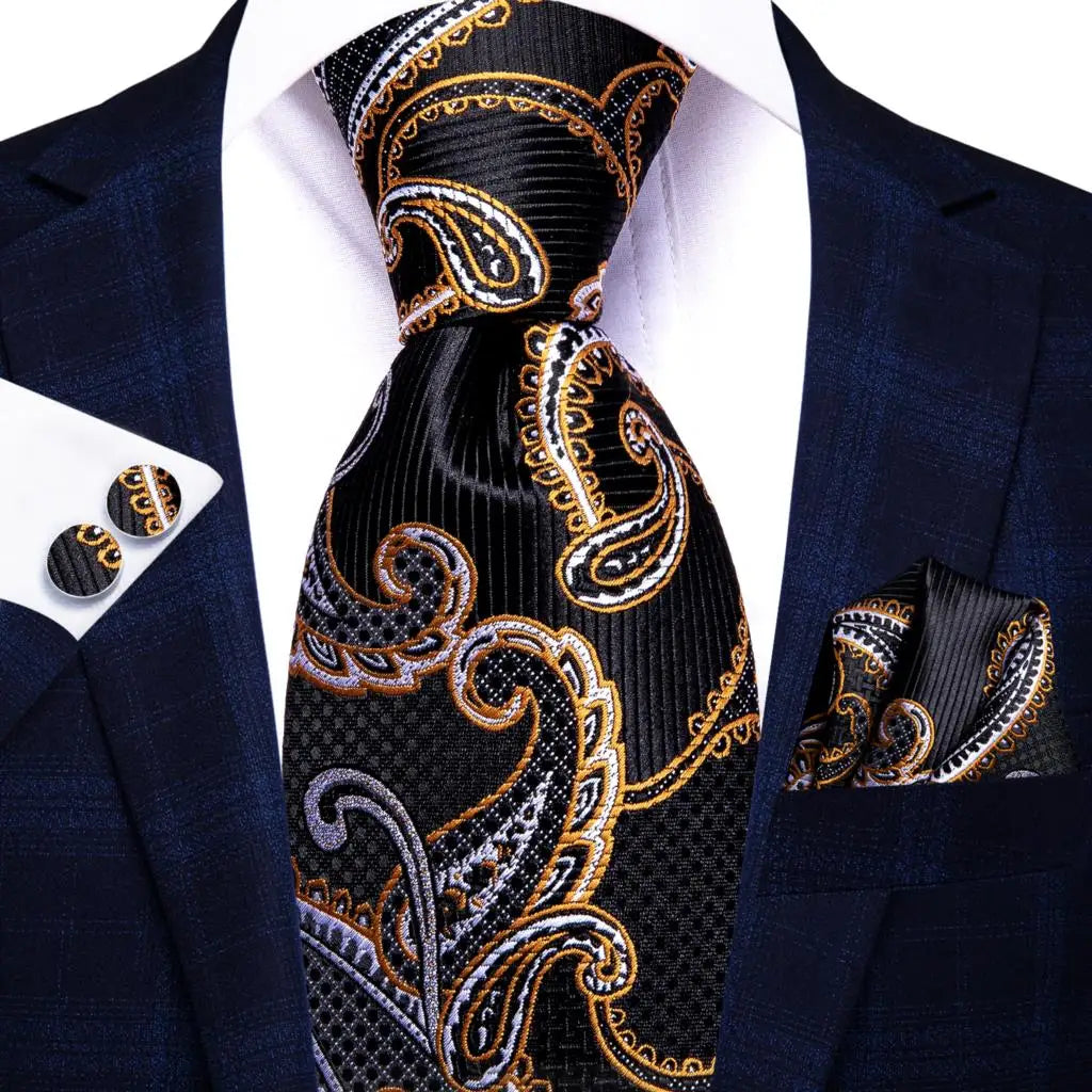 Hi-Tie Psialey Black Gold Silk Elegant Tie For Men Groom Wedding Men Necktie Pocket Square Cufflink Accessory Wholesale Designer