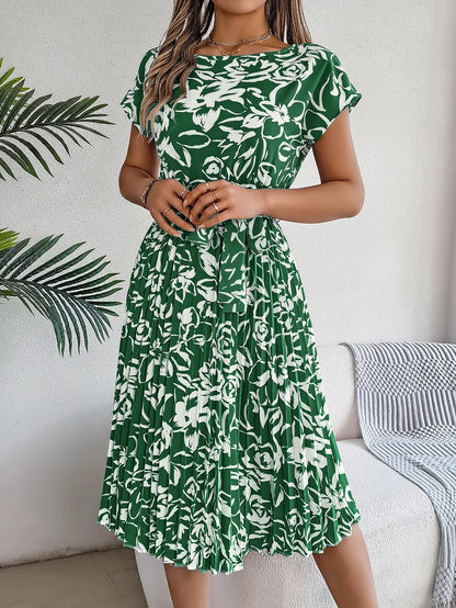 Spring Summer Elegant Flower Print Dress Short Sleeve Folded Dresses for Women Mother's Day