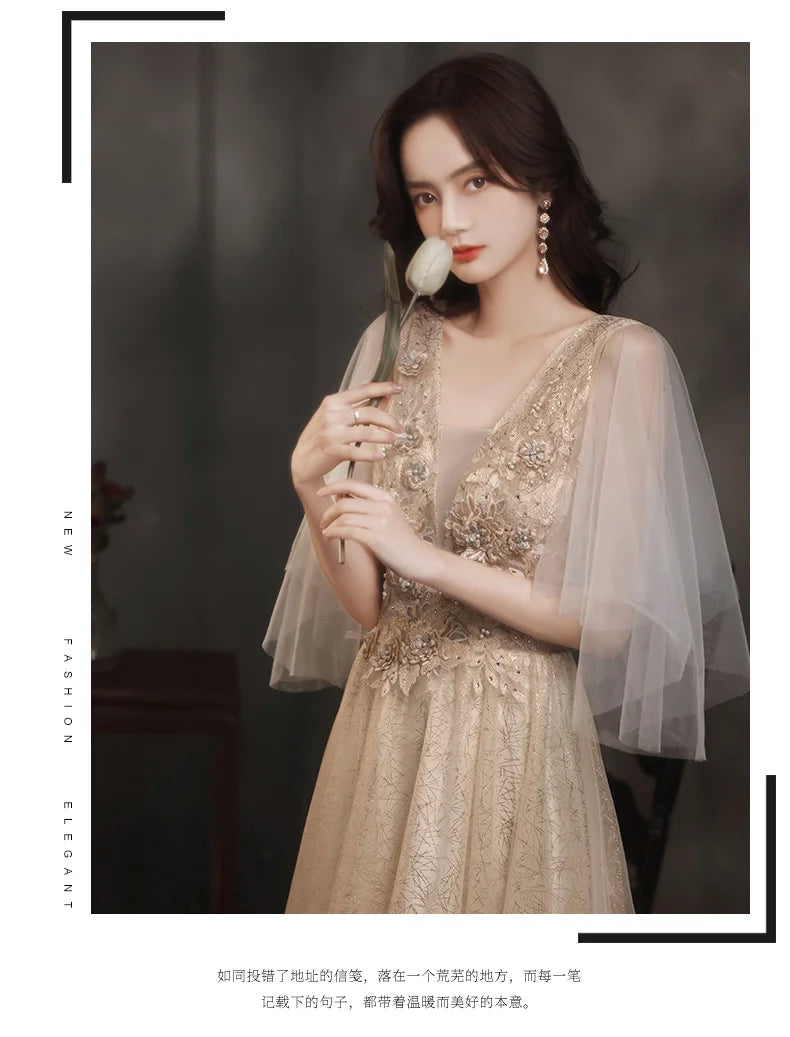 Robe de soiree New Champagne V-Neck Slim Formal Dress Women Elegant Evening Dress Formal Party Dress Prom dresses customized