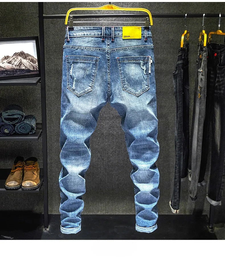 Men Stretch Slim Ripped Jeans Hip Hop Streetwear Korean Vintage Distressed Little Feet Pants Personality Male Trousers