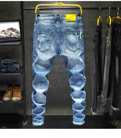 Men Stretch Slim Ripped Jeans Hip Hop Streetwear Korean Vintage Distressed Little Feet Pants Personality Male Trousers