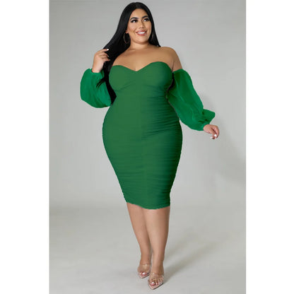 CM.YAYA Plus Size Women Mesh Patchwork Off Shoulder Ruched Bodycon Midi Dress evening Winter 2022 Sexy Party Club Prom Dresses