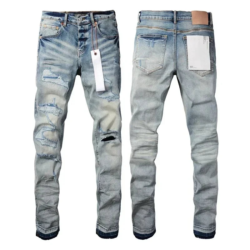 New Fashion Purples jeans Man with high street black brands pleats Fashion top quality Repair Low Rise Skinny Denim pants