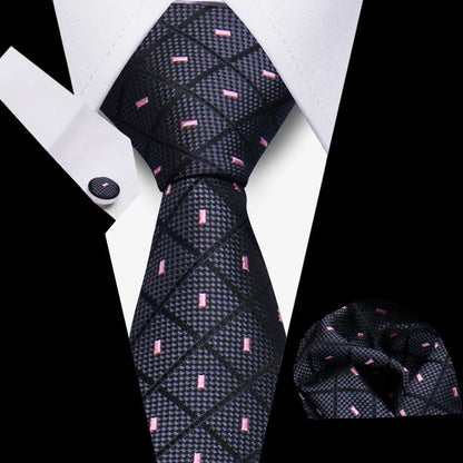 Tie Men Business Necktie Set Classic Plaid Cufflinks Handkerchief For Suit Wedding High Quality 3pcs Ties Sets Formal Gravata