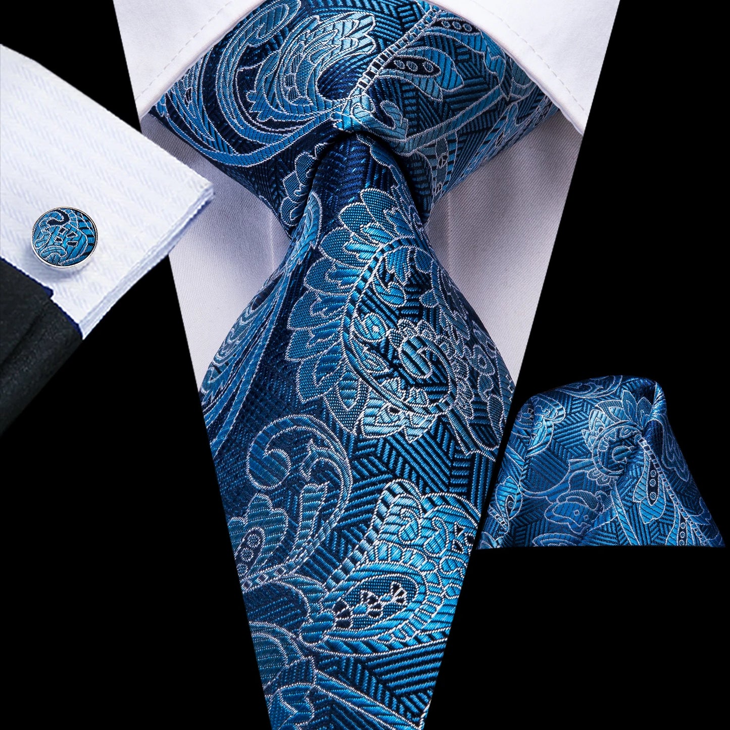 Hi-Tie Light Blue Solid Silk Wedding Nicktie For Men Hanky Cufflink Gift Men Tie Set Business Party Dropshipping Novelty Design