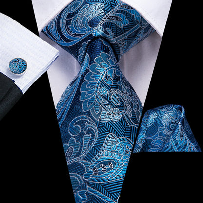 Hi-Tie Light Blue Solid Silk Wedding Nicktie For Men Hanky Cufflink Gift Men Tie Set Business Party Dropshipping Novelty Design