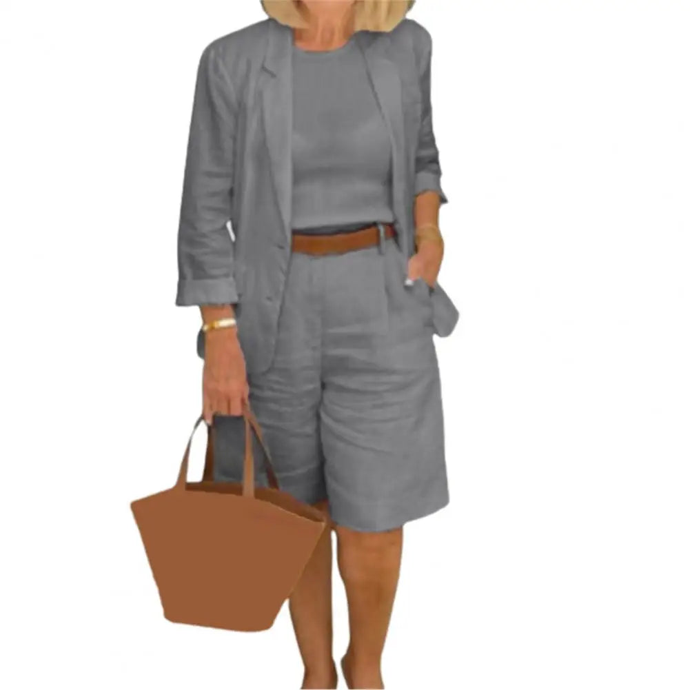 Cotton Linen Temperament Blazer Shorts Women's Blazer Suit 2 Piece Set Elastic Waist Thin Female Blazer Shorts Summer Outfit