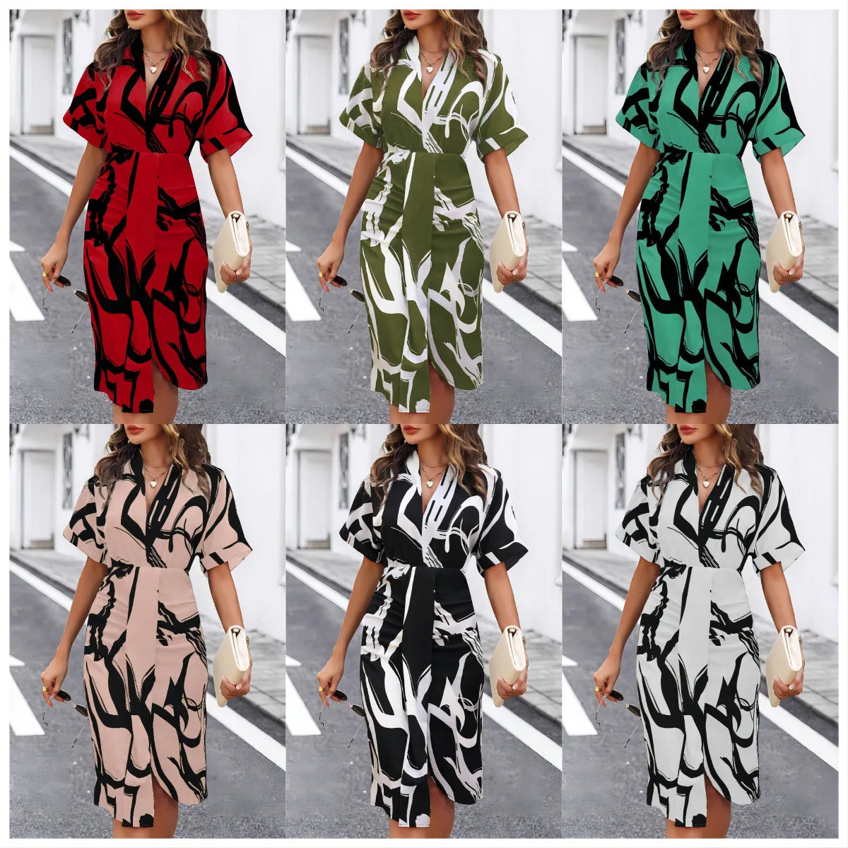 Summer Fashion Patterns Printed Short Sleeve Midi Dress Elegant Women's V Neck High Waist Slim Fit Irregulare Split Dresses Robe