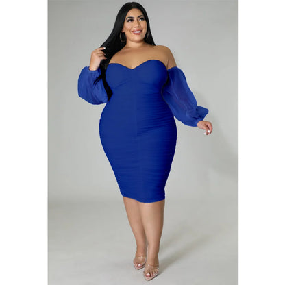 CM.YAYA Plus Size Women Mesh Patchwork Off Shoulder Ruched Bodycon Midi Dress evening Winter 2022 Sexy Party Club Prom Dresses