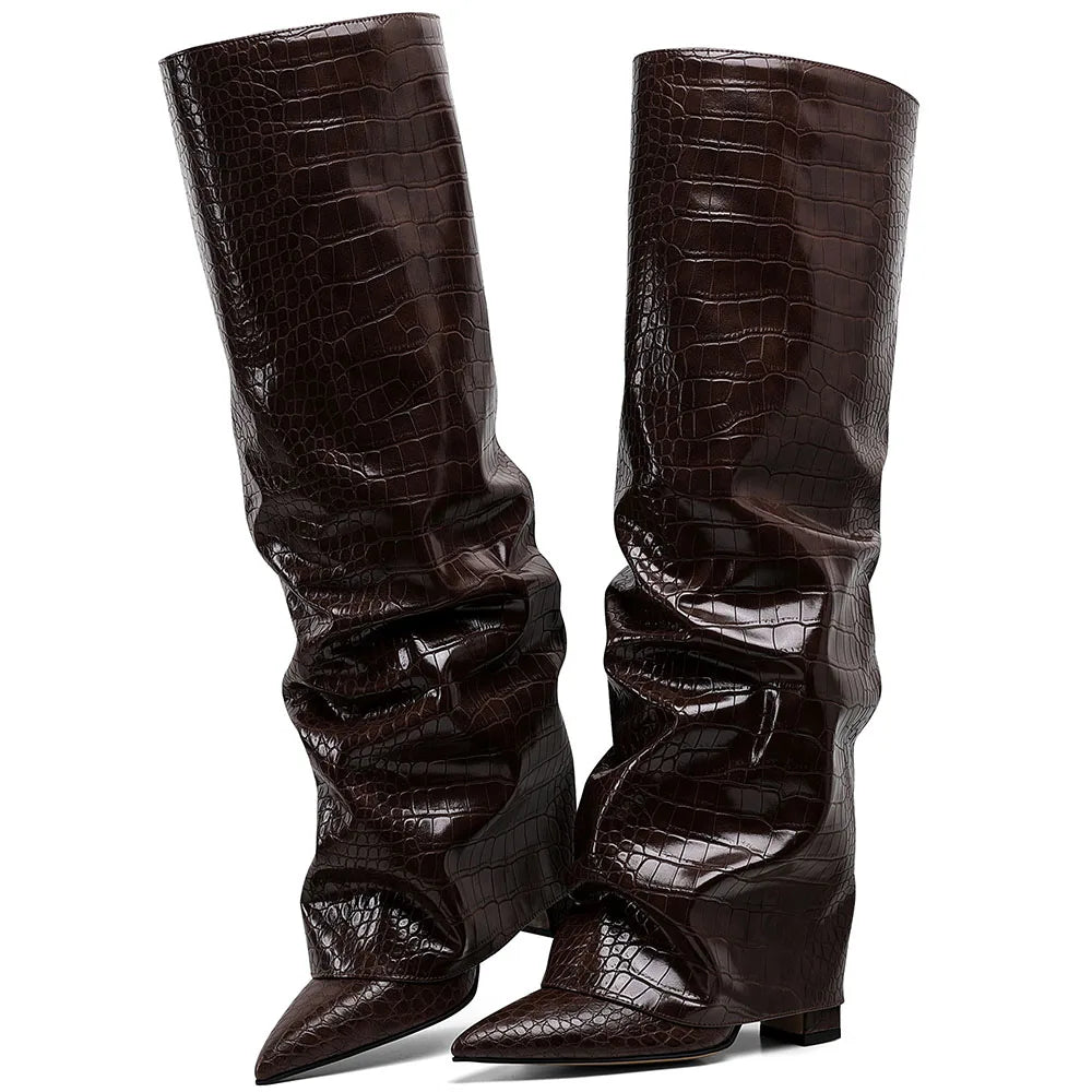 GIGIFOX Knee High Fashion Women Fold Over Boots Pleated Block High Heel Pointed Toe Shoes All-Match Street Snap Boots For Woman