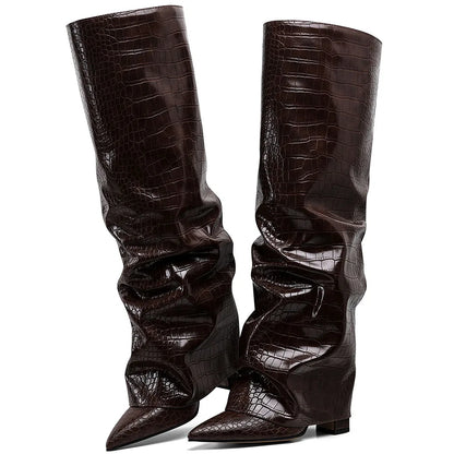 GIGIFOX Knee High Fashion Women Fold Over Boots Pleated Block High Heel Pointed Toe Shoes All-Match Street Snap Boots For Woman