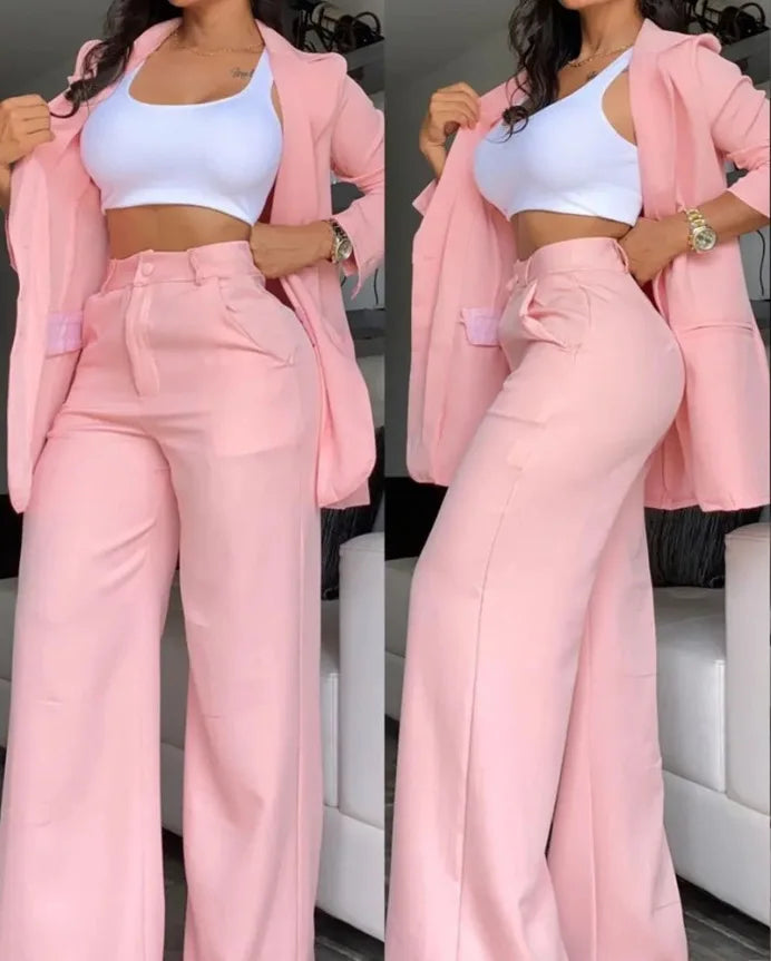 2024 European and American Women's Clothing Temperament Elegant Solid Color Split Sleeve Lapel Suit Pocket Straight Pants Suit