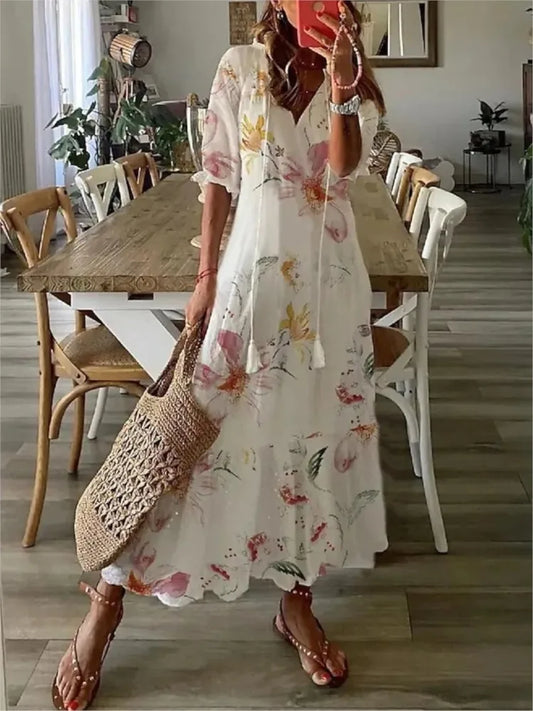New Women's Spring Summer Dress Sexy V-neck Drawstring Printed Long-sleeved Dress Casual Loose Fashion Elegant Fresh Sweet Dress