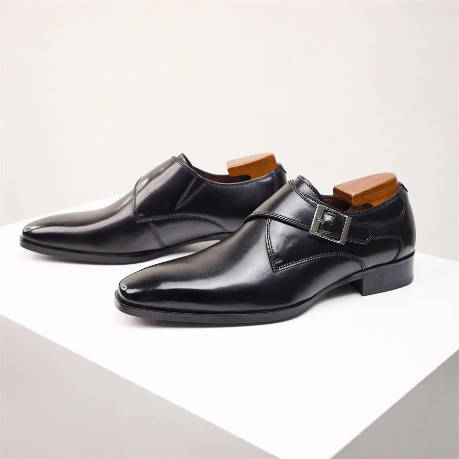 Newest Men's Cow Leather Shoes Buckle Pointed Dress Shoes Men Classic Business Formal Social Office Party Wedding Shoes