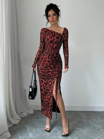 Sexy Leopard Print Women's Dresses Fashion Ruffled Sexy Slit Party Dress For Women Spring Summer  Bodycon Package hip Vestidos