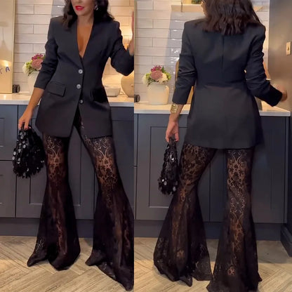 Women's Elegant Blazer Jacquard Lace Pants Sets Slim Button Full Sleeve Suit Jacket Long Flare Trousers Lady Party Outfits