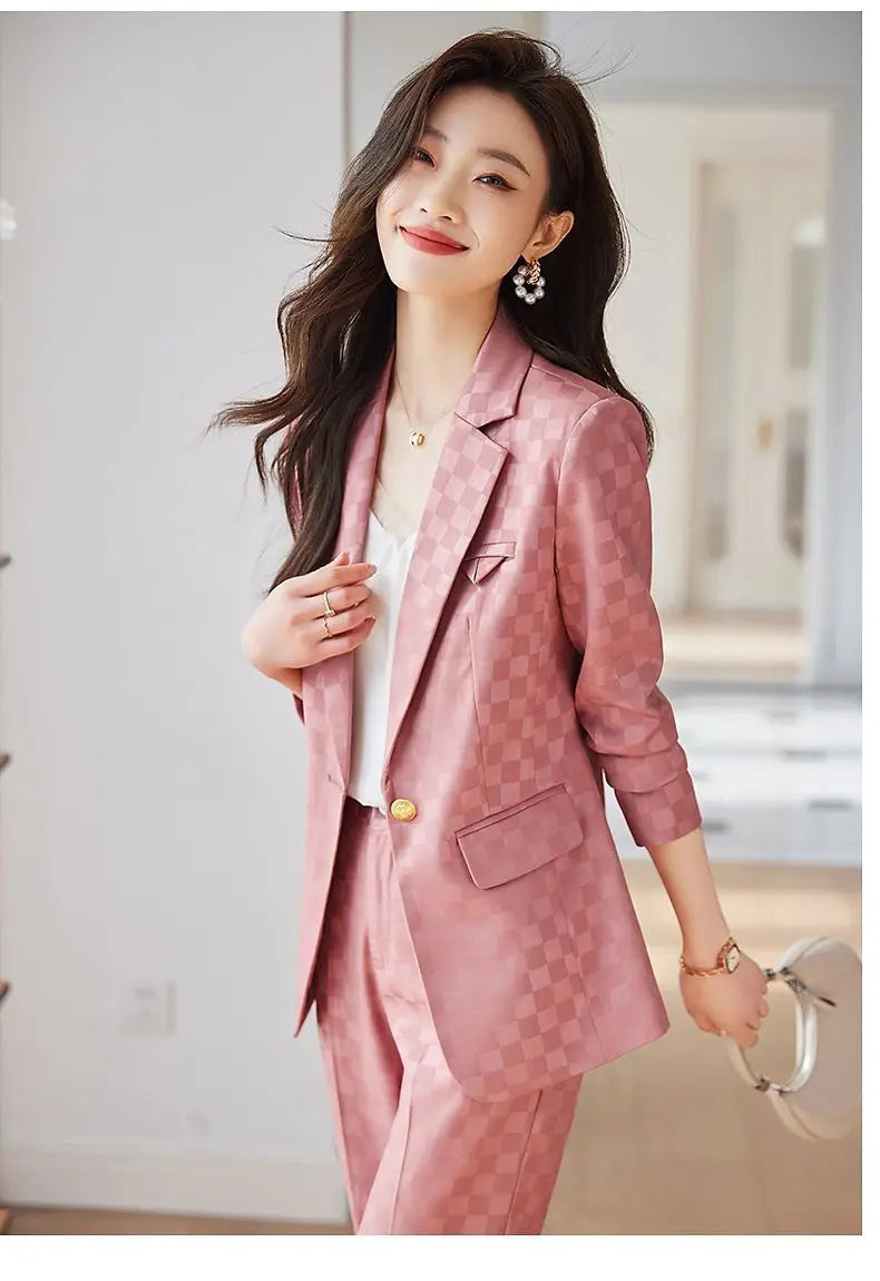 Women's Spring Autumn New Fashion Plaid Professional Suit Jacket Matching Set Korean Elegant Casual Blazers Pants Two Piece