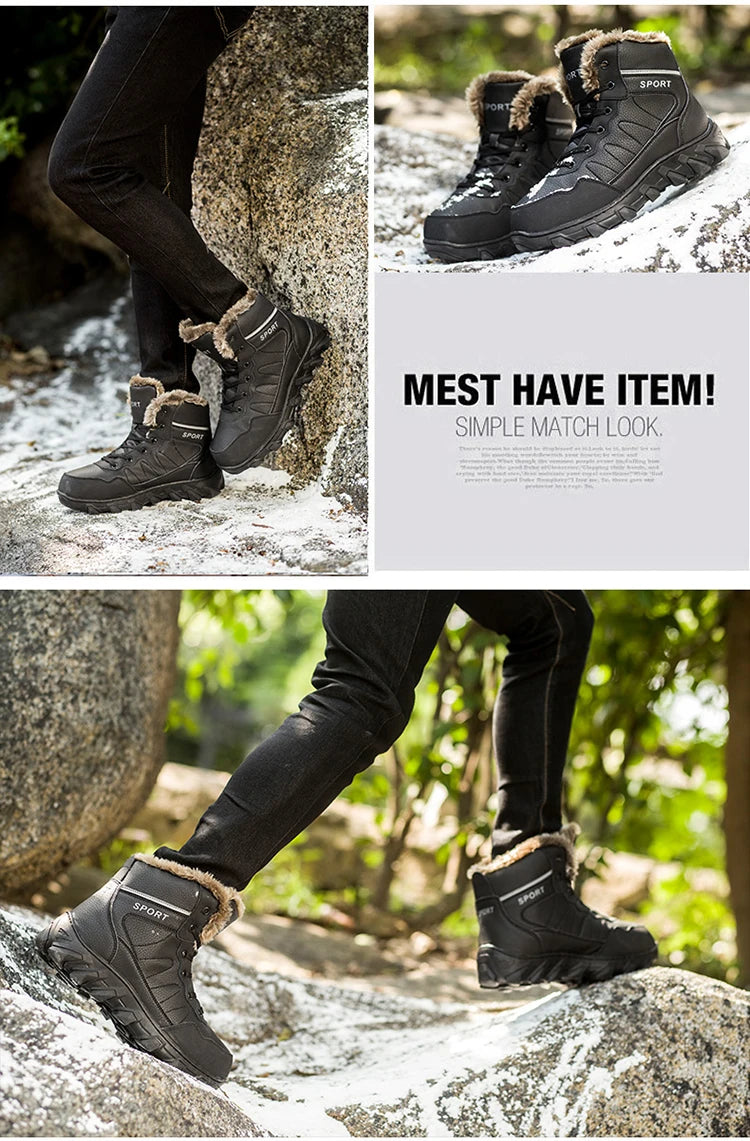 Men's Winter Snow Boots Leather Fabric Thickened Plush Shoes Extra Large Outdoor Mountaineering Anti Slip Training Shoes 39-48