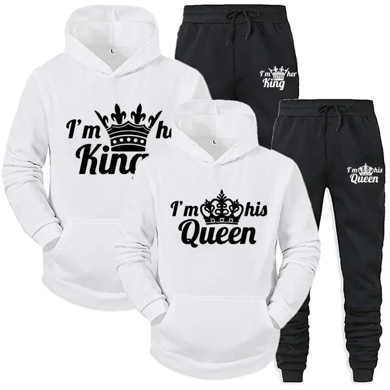 Lover Tracksuit Hoodies Printing QUEEN KING Couple Sweatshirt Hooded Clothes Hoodies Women 2 Piece Set Men Women Sportwear