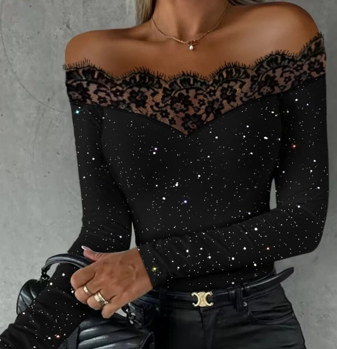 2023 Autumn Winter Spring New Fashion Casual Sexy Blouses Off Shoulder Hollow Out Lace Top Female Clothing TShirts Pullover Tops