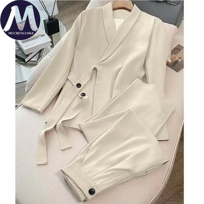 Women's Korean Fashion Long Sleeve Blazer And Wide Leg Pants Two-Piece Set Office Casual Loose Fit Spring Autumn Suits