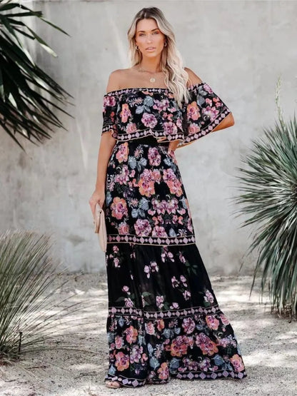 2024 Spring Summer Women's New Sexy One Shoulder Off Shoulder Fashion Red Flower Printed Lace Up Waist Long Swing Dress