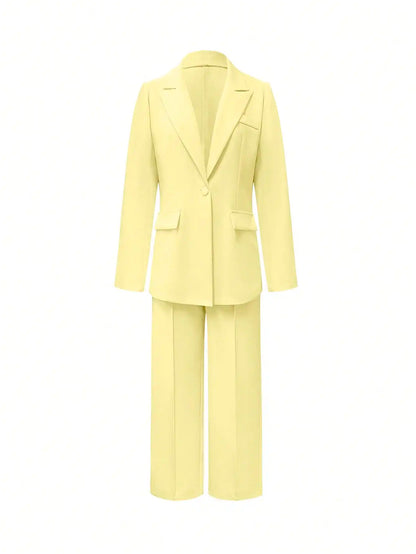 Two-piece solid-color button women's suit, suitable for year-round office wear.