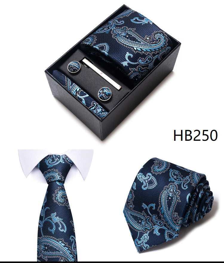 Mix Colors Wholesale 2023 New Style Wedding Gift Tie Pocket Squares Set Necktie Box Men Fit Wedding Blue Paisley