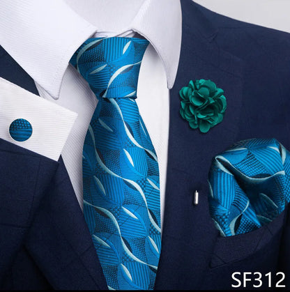 Luxury Mens Ties Floral Black Gold Ties Paisley NeckTie Pocket Square Cufflinks Brooch Set Men's Wedding Party Tie