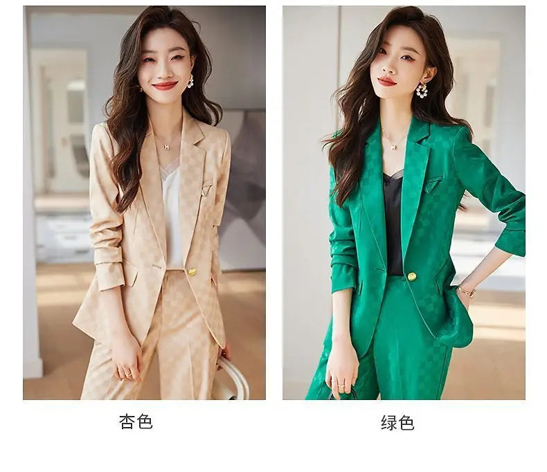 Women's Spring Autumn New Fashion Plaid Professional Suit Jacket Matching Set Korean Elegant Casual Blazers Pants Two Piece