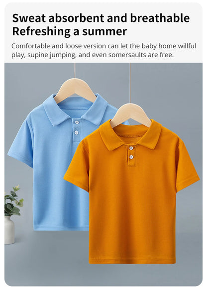 Children's solid color POLO shirt boy handsome fashion sports T-shirt girl lapel casual and comfortable half sleeve.
