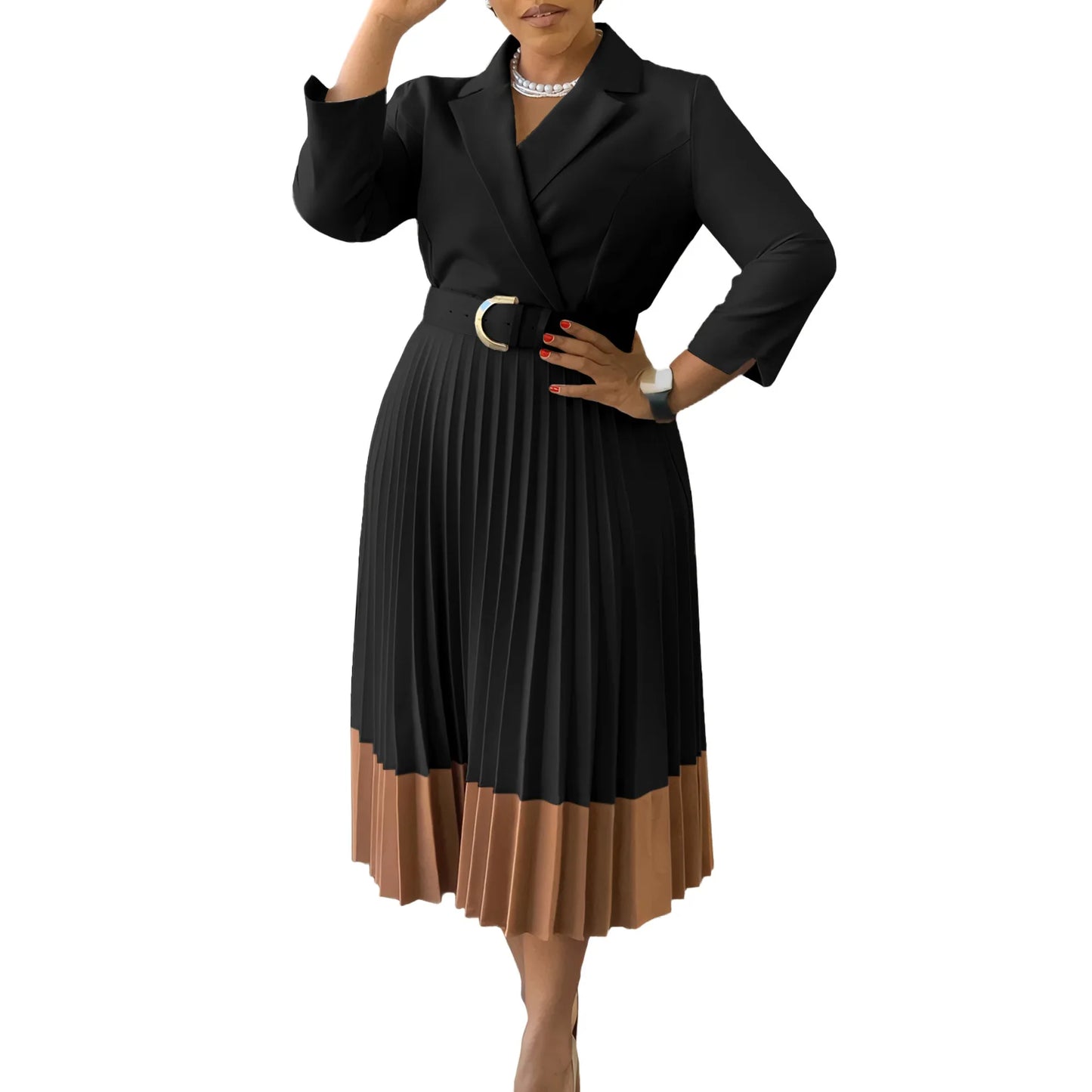 CM.YAYA Fashion Full Sleeve Notched Neck Solid High Waist Belt Dress Women Autumn Office Lady Pleated Long Africa Midi Dresses