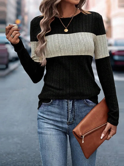 Women Tops Knitted Round Neck Full Sleeve Slim Fit Casual Regular Top Splice Tees Pleated Elegant T Shirts Autumn 2024