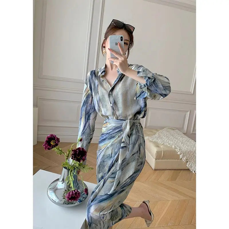 Spring Autumn New Fashion Dress Sets Women Turn-down Collar Long Sleeve Button Printing Shirt Lacing Mid-length A-line Skirt