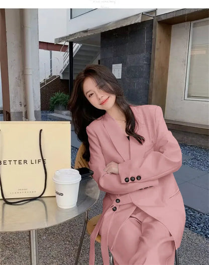 Women's Korean Fashion Long Sleeve Blazer And Wide Leg Pants Two-Piece Set Office Casual Loose Fit Spring Autumn Suits