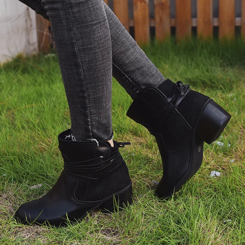 Women Boots 2022 Autumn Vintage Boots Women Chunky Heels Lace-up Booties  Heeled Ankle Boots Botas De Mujer