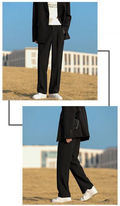 Spring Summer Men Suit Pants Wide Leg Long Drape Trousers Fashion Streetwear Clothing Solid Stretch Waist Oversize Pants Black