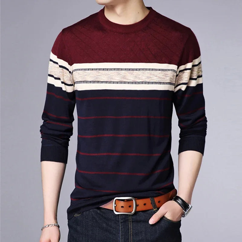 Men's New Fashionable Striped Knitted Shirt Long Sleeved Comfortable All Season Base Shirt Casual Top